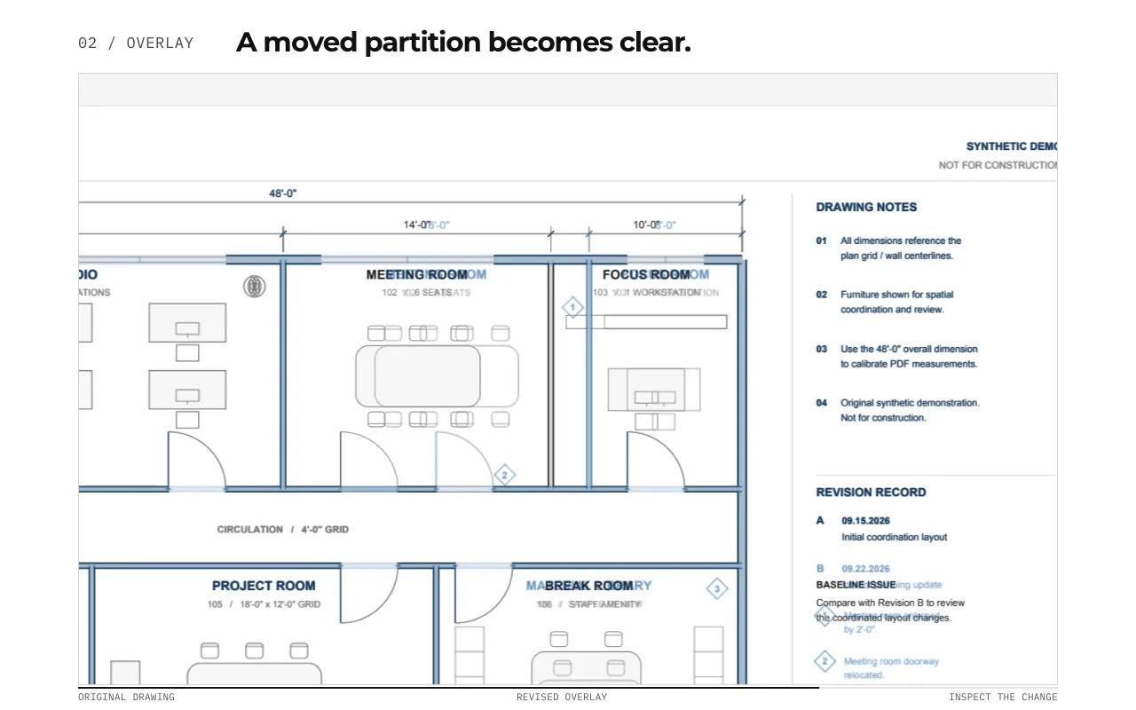 PolyPDF showing two sample construction drawing revisions together as colored PDF overlays