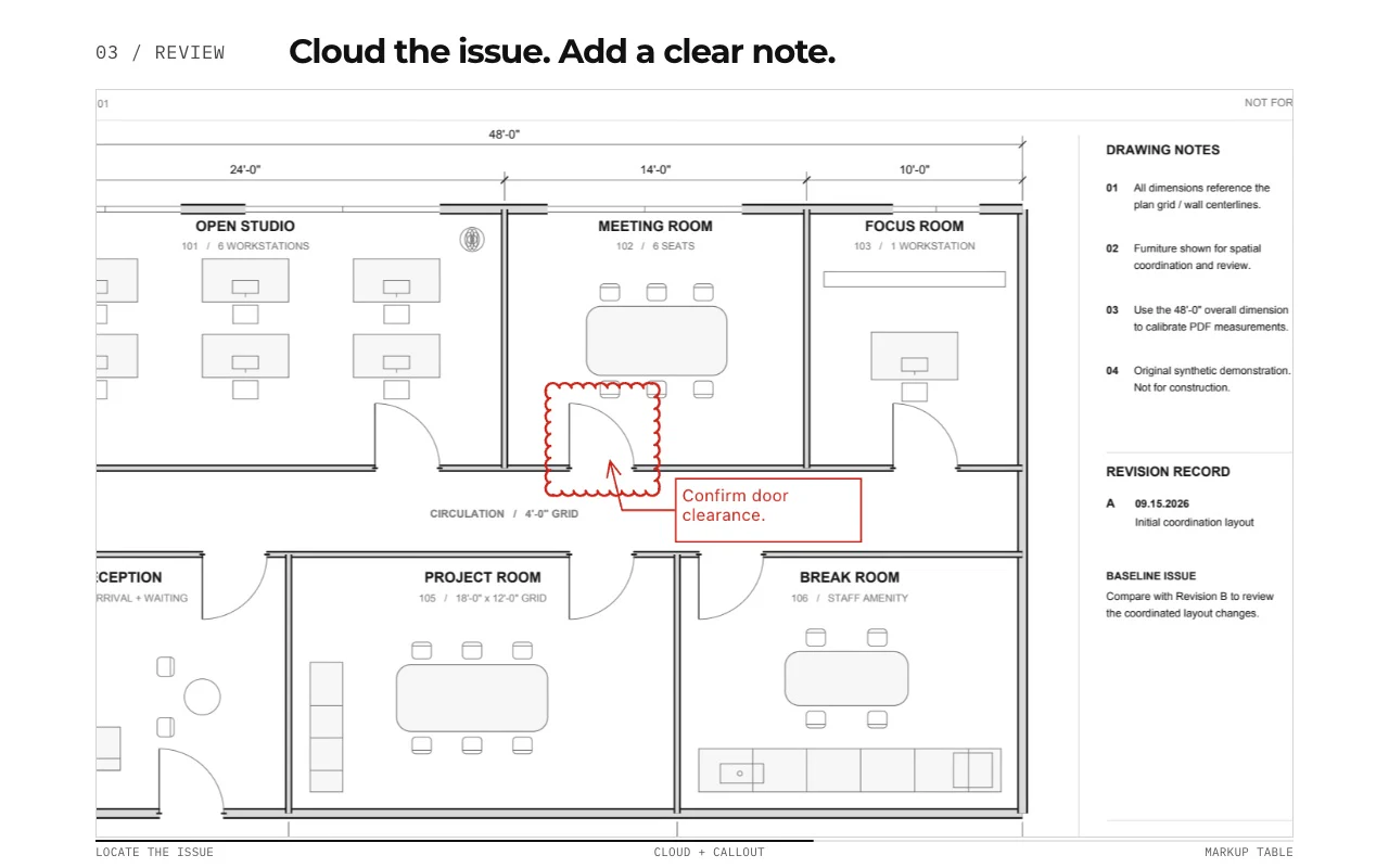 PolyPDF displaying review markups and notes on a sample construction drawing