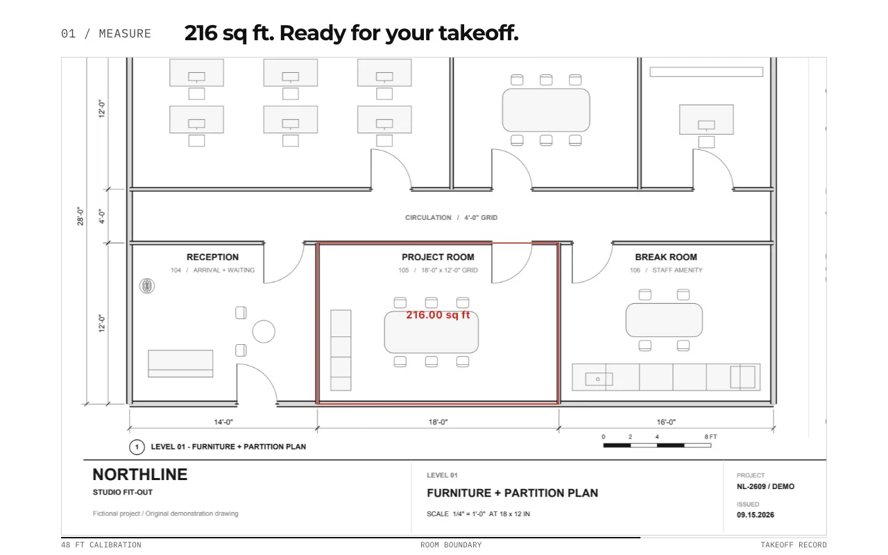 PolyPDF measuring a sample construction plan and showing quantities in its takeoff worksheet