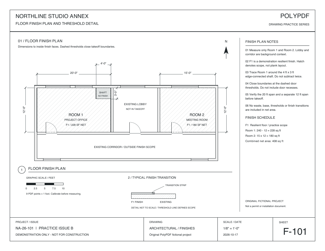 F-101 practice drawing: Room 1 is 20 by 12 feet with a 4 by 3 foot corner exclusion; Room 2 is 15 by 12 feet.