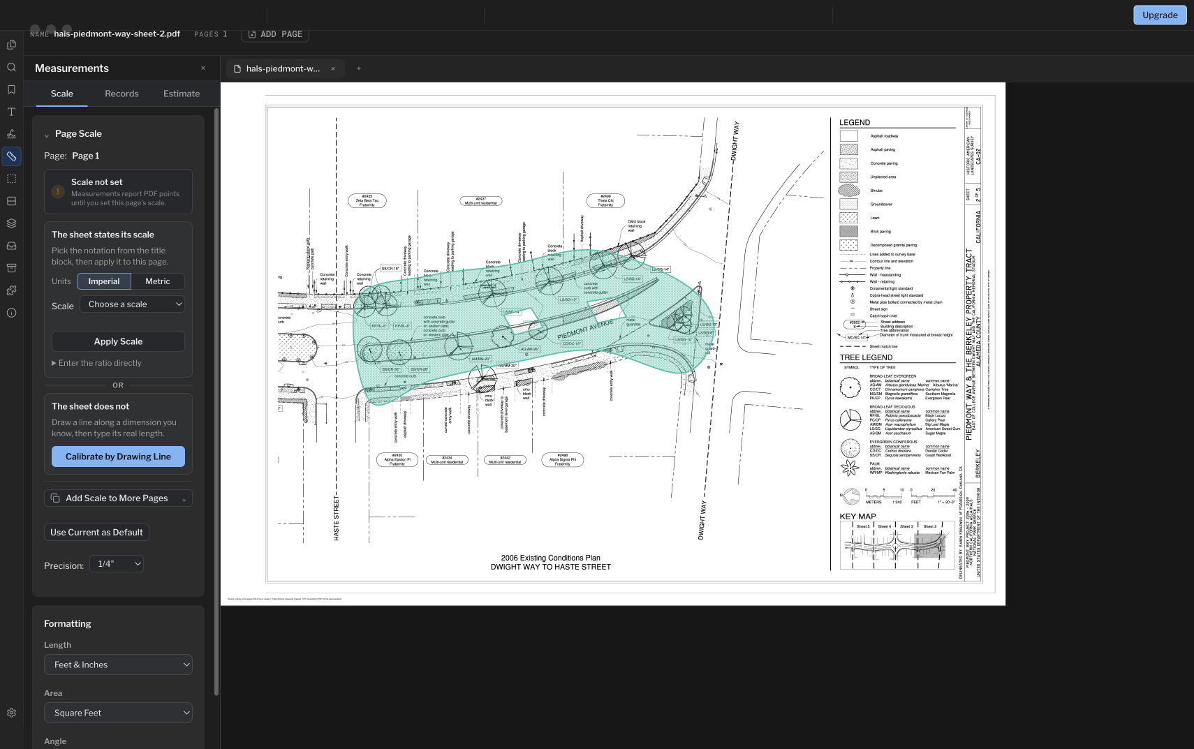 PolyPDF dark mode showing a turquoise curved and crosshatched demonstration area with two cutouts, 28,793.49 square feet net, and 1 foot 6 inch depth
