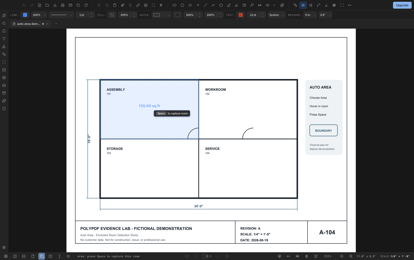 PolyPDF 1.4 Auto Area previewing the detected Assembly room boundary at 135 square feet with a Space to capture room hint
