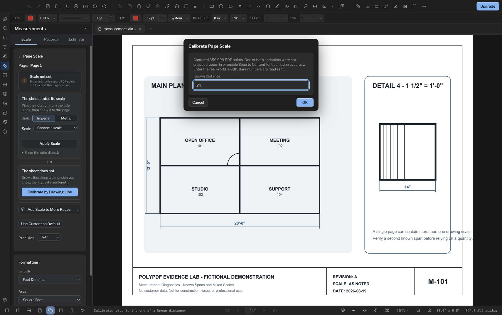 PolyPDF Calibrate Page Scale dialog showing 360 captured PDF points and a known distance of 20 feet