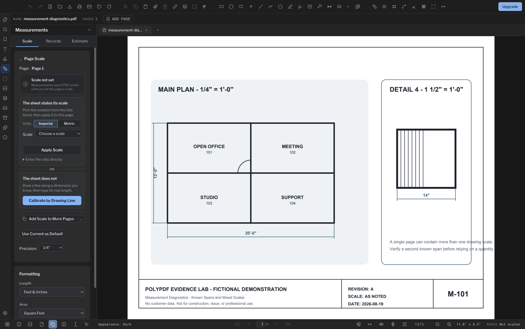 PolyPDF dark-mode window showing Scale not set beside printed 20-foot and 12-foot plan dimensions