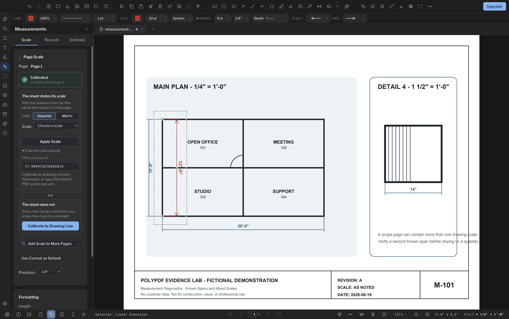 PolyPDF dark-mode window showing an 18 PDF point per foot calibration and selected 12-foot verification measurement