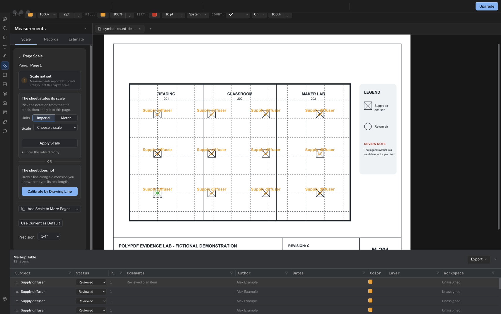 PolyPDF dark mode showing 12 committed Supply diffuser count markers and a worksheet total of 12 with the legend excluded