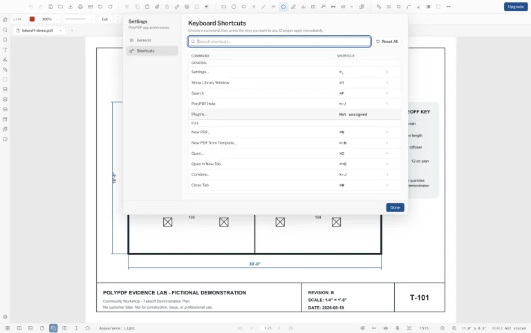 PolyPDF light-mode Keyboard Shortcuts settings showing searchable, editable command assignments