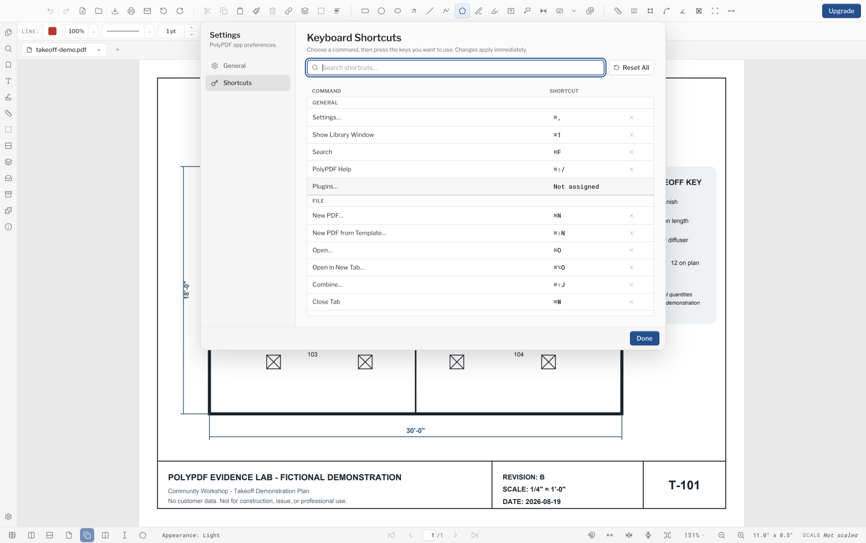 PolyPDF light-mode Keyboard Shortcuts settings showing searchable, editable command assignments