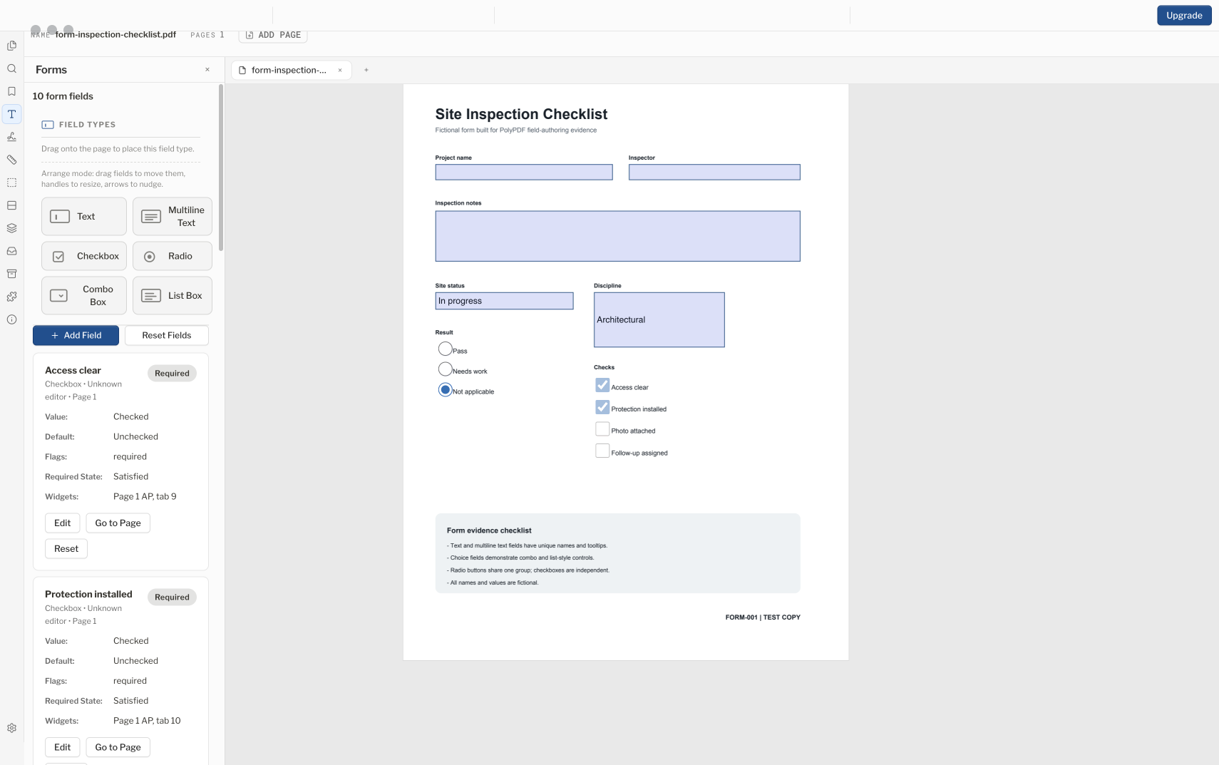 The PolyPDF Forms panel showing six field types beside a ten-field site inspection checklist