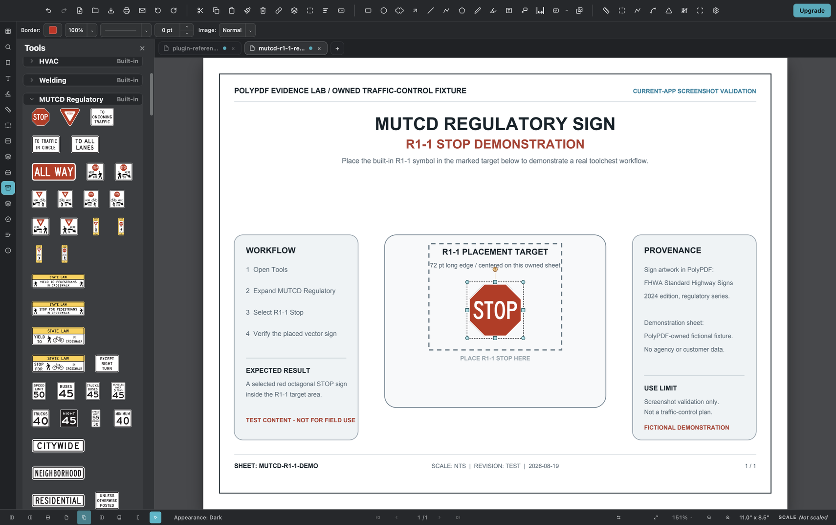 PolyPDF built-in MUTCD Regulatory toolset open beside a selected R1-1 STOP sign on its labeled demonstration target