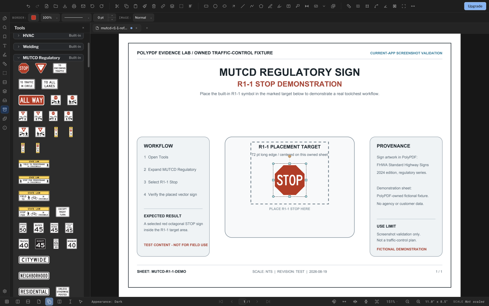 PolyPDF MUTCD 监管箱在交通控制单样本上选定的 R1-1 停车标志旁边打开