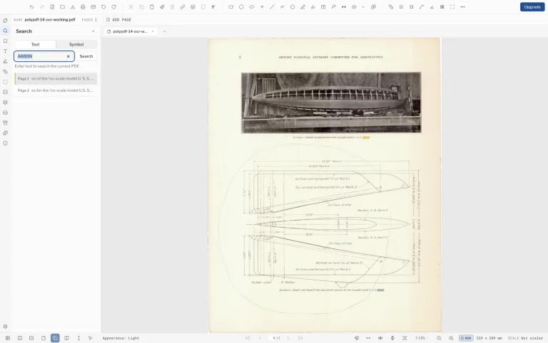 PolyPDF in light mode showing OCR text search results for Akron on a scanned historical drawing