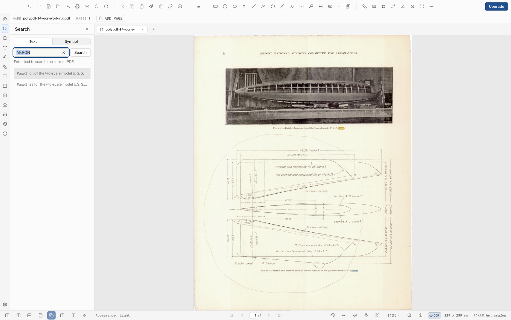 PolyPDF in light mode showing OCR text search results for Akron on a scanned historical drawing