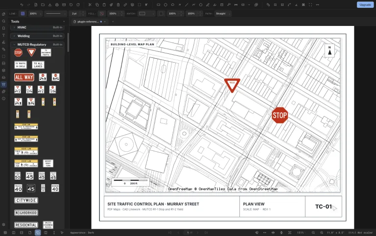 PolyPDF placing a building-level Murray Street map, converting it from Liberty cartography to CAD Linework, then adding MUTCD Stop and Yield signs