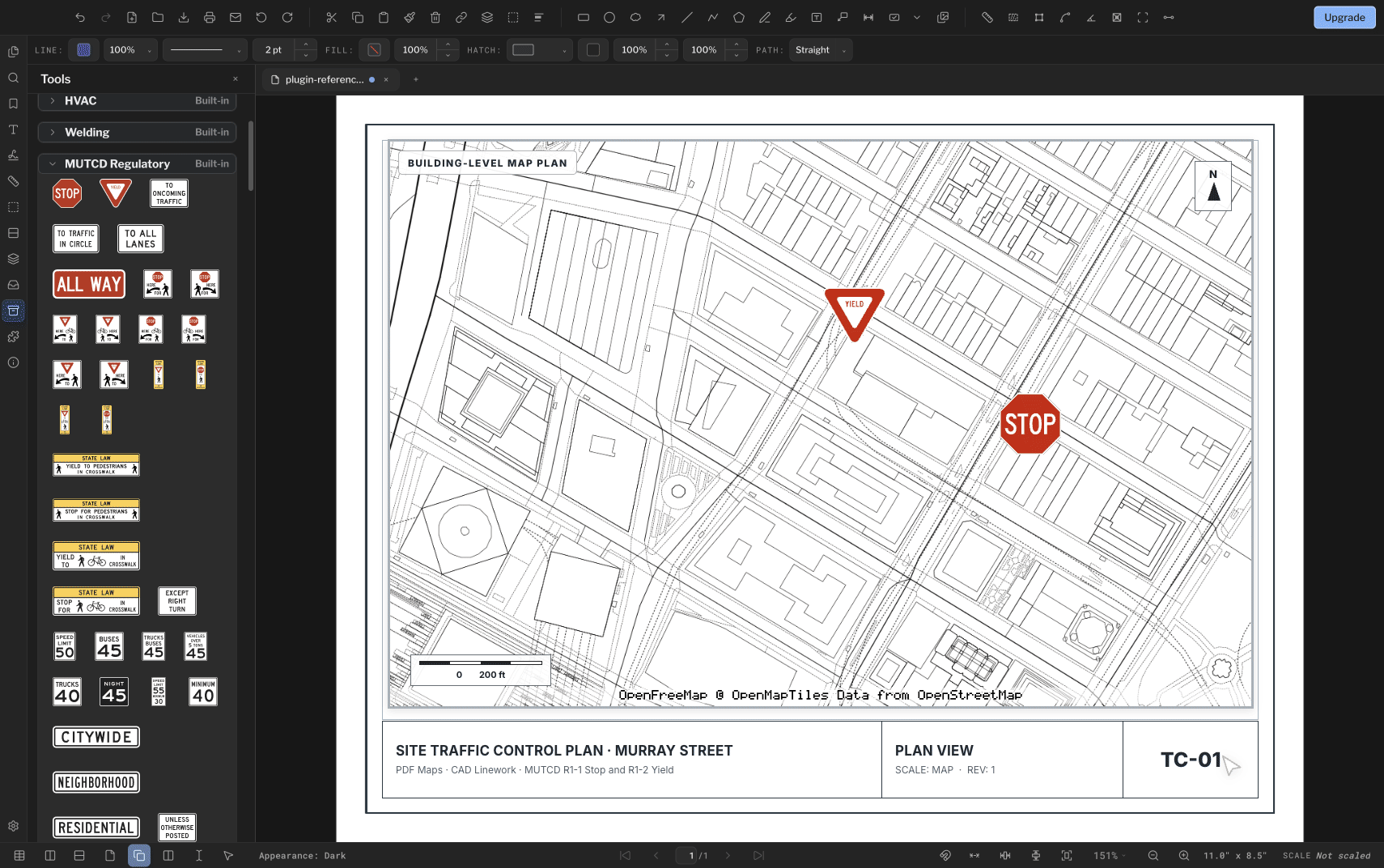 PolyPDF placing a building-level Murray Street map, converting it from Liberty cartography to CAD Linework, then adding MUTCD Stop and Yield signs