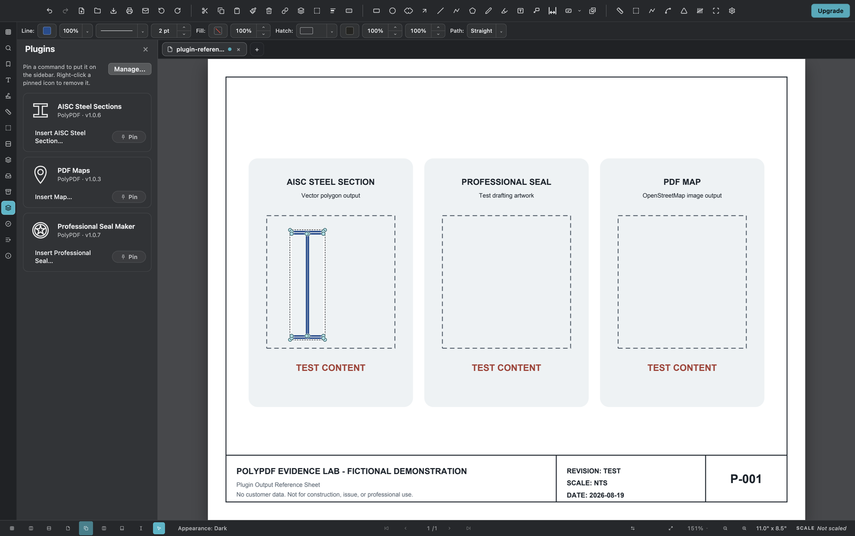 PolyPDF Plugins sidebar beside a selected AISC steel-section vector placed in its labeled test target