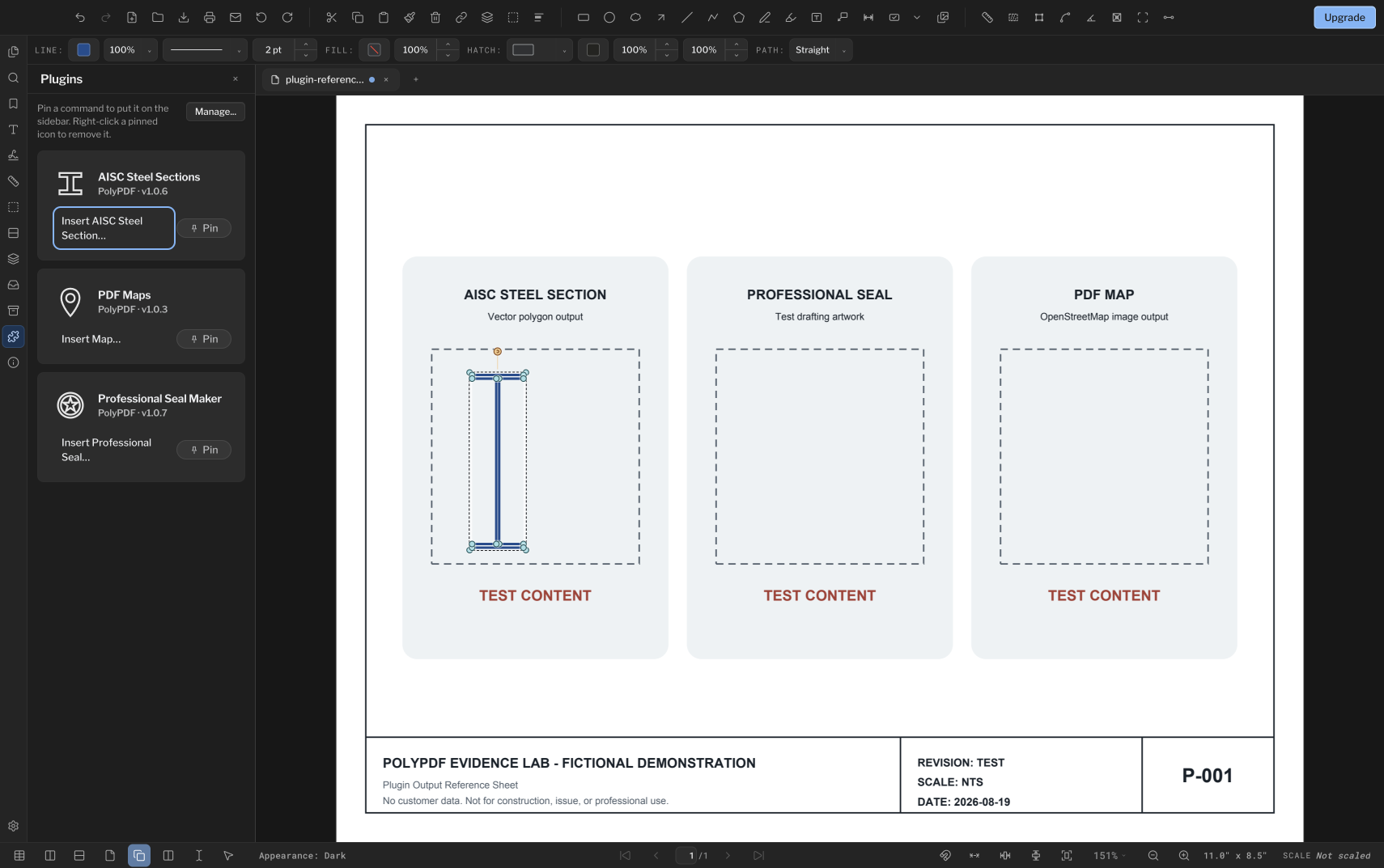 PolyPDF Plugins sidebar beside a selected W24×55 steel section placed on the drawing
