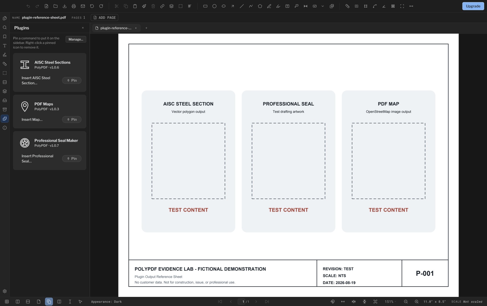 يدرج الشريط الجانبي PolyPDF Plugins أقسام AISC الفولاذية وخرائط PDF وصانع الختم الاحترافي بجانب ورقة عينة فارغة