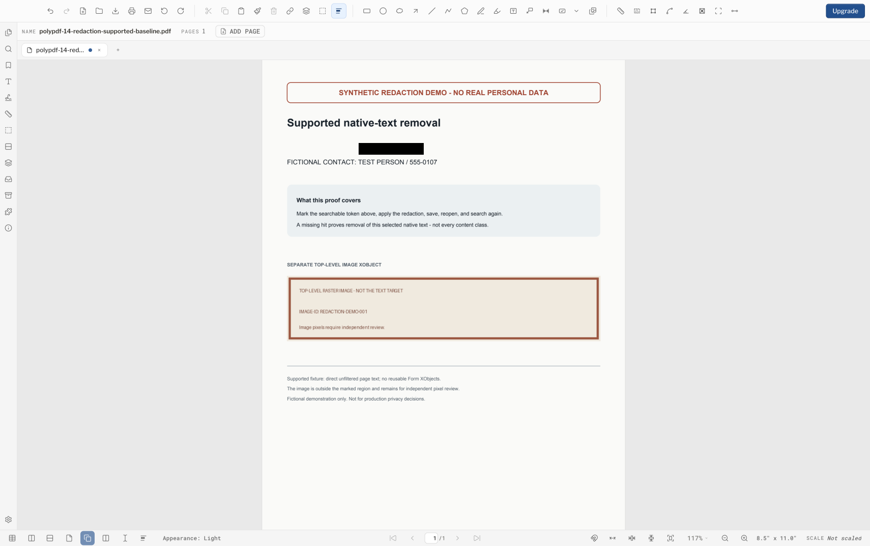 PolyPDF showing an applied black redaction region while the separate raster image remains visible