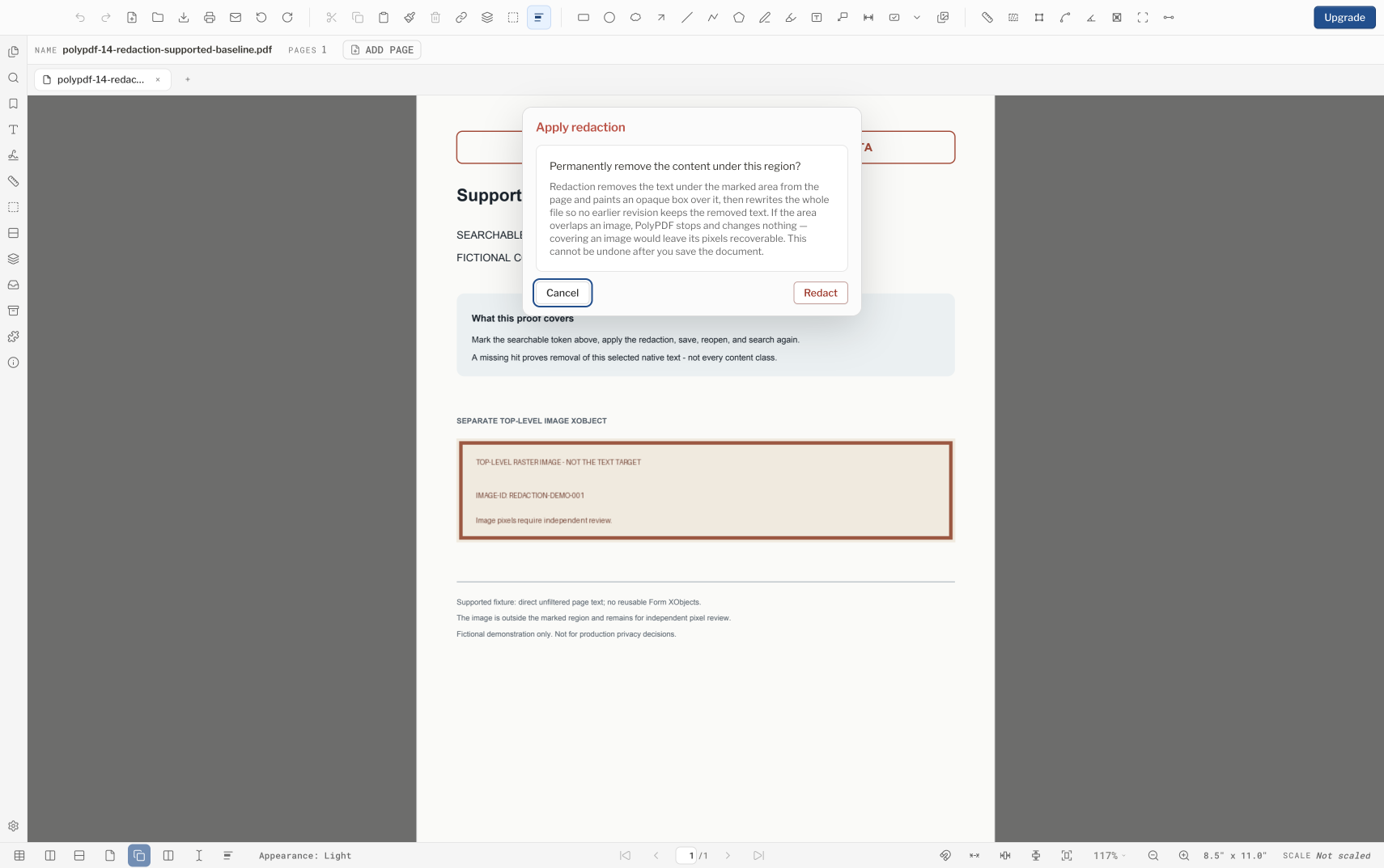 PolyPDF confirmation dialog for applying one marked redaction region