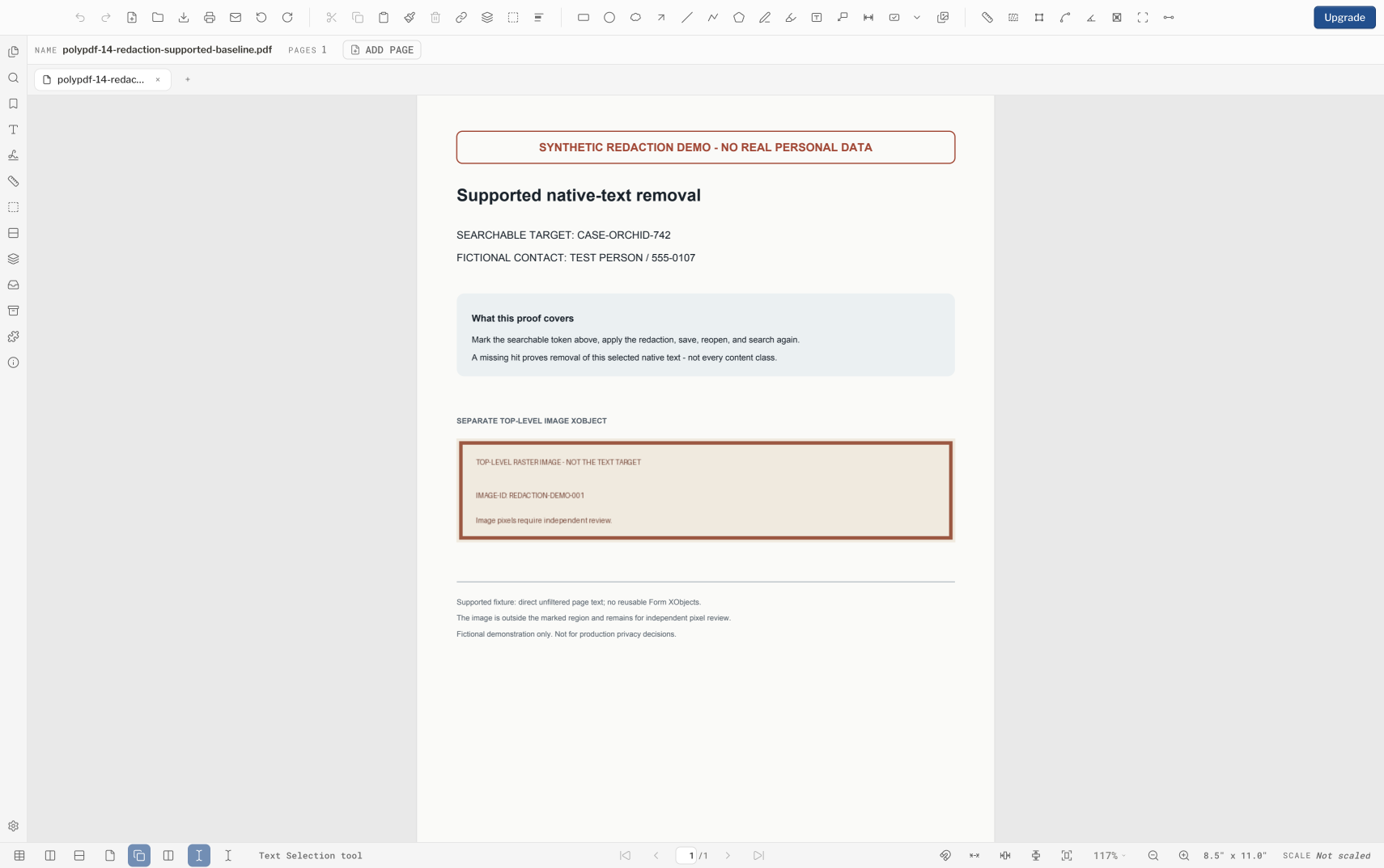 PolyPDF showing the text CASE-ORCHID-742 before redaction with a separate raster image below it
