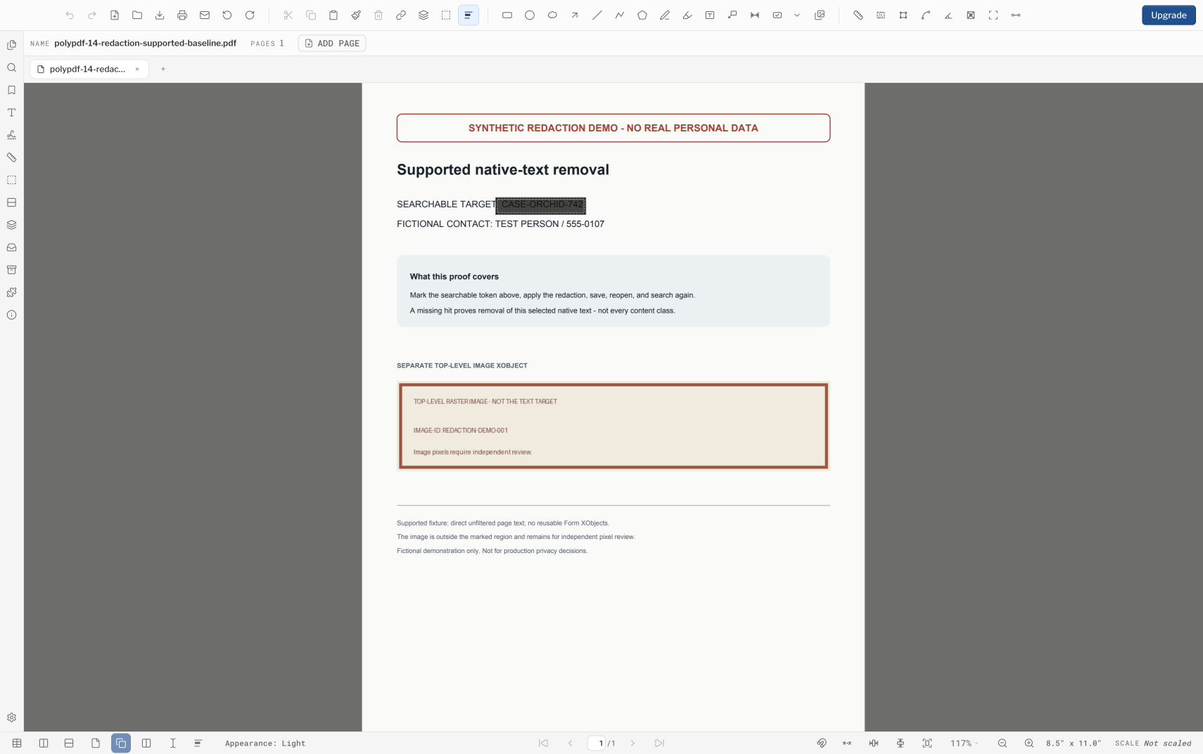 PolyPDF with a redaction region marked tightly over the text CASE-ORCHID-742