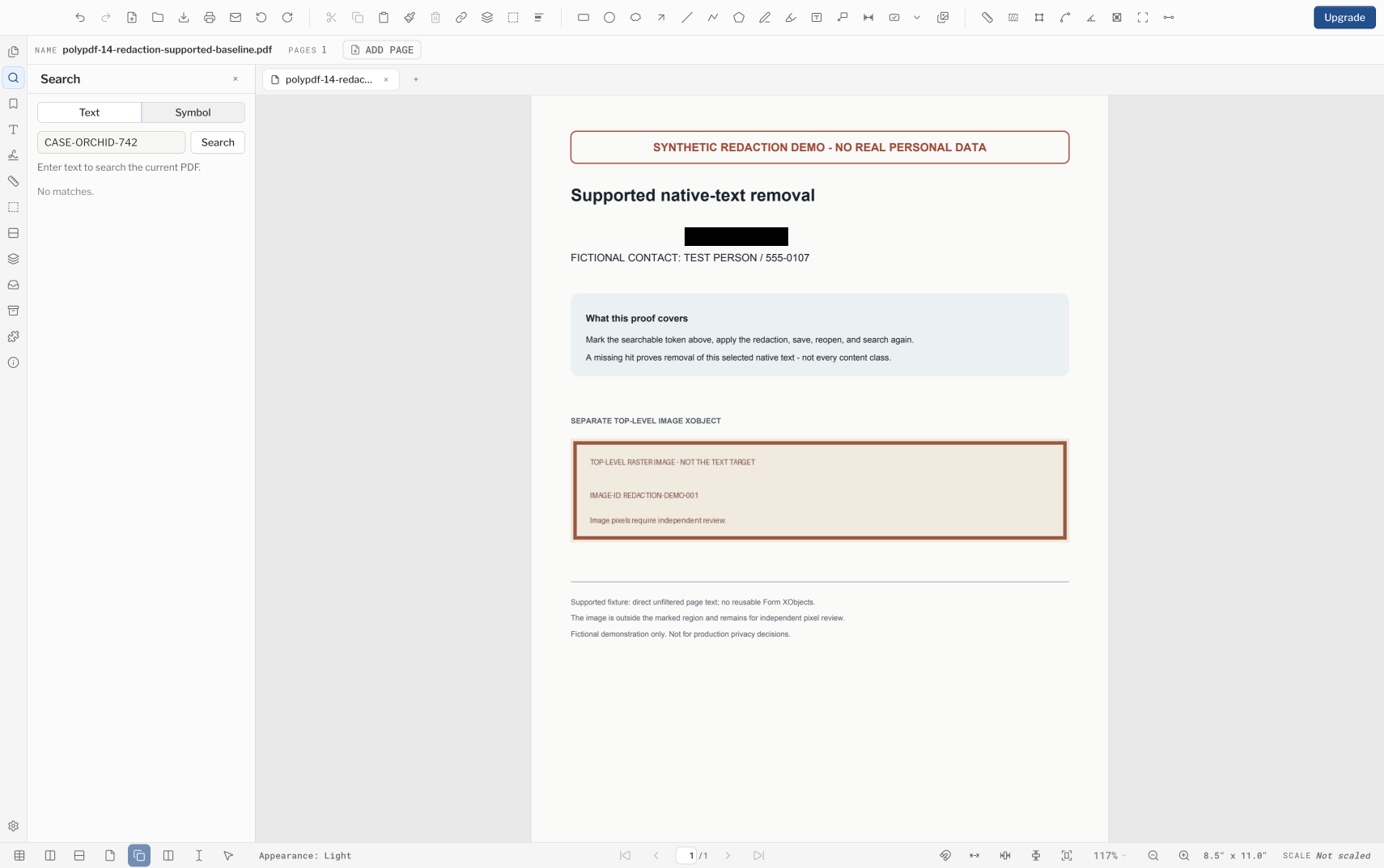 PolyPDF showing a reopened redaction result with a black region and Search reporting no matches for CASE-ORCHID-742