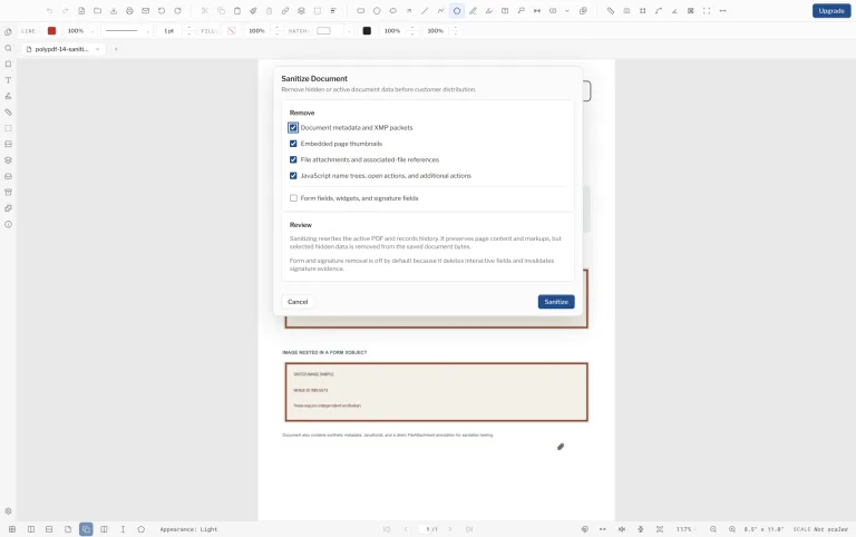 PolyPDF light-mode Sanitize Document dialog with document-data removal options selected