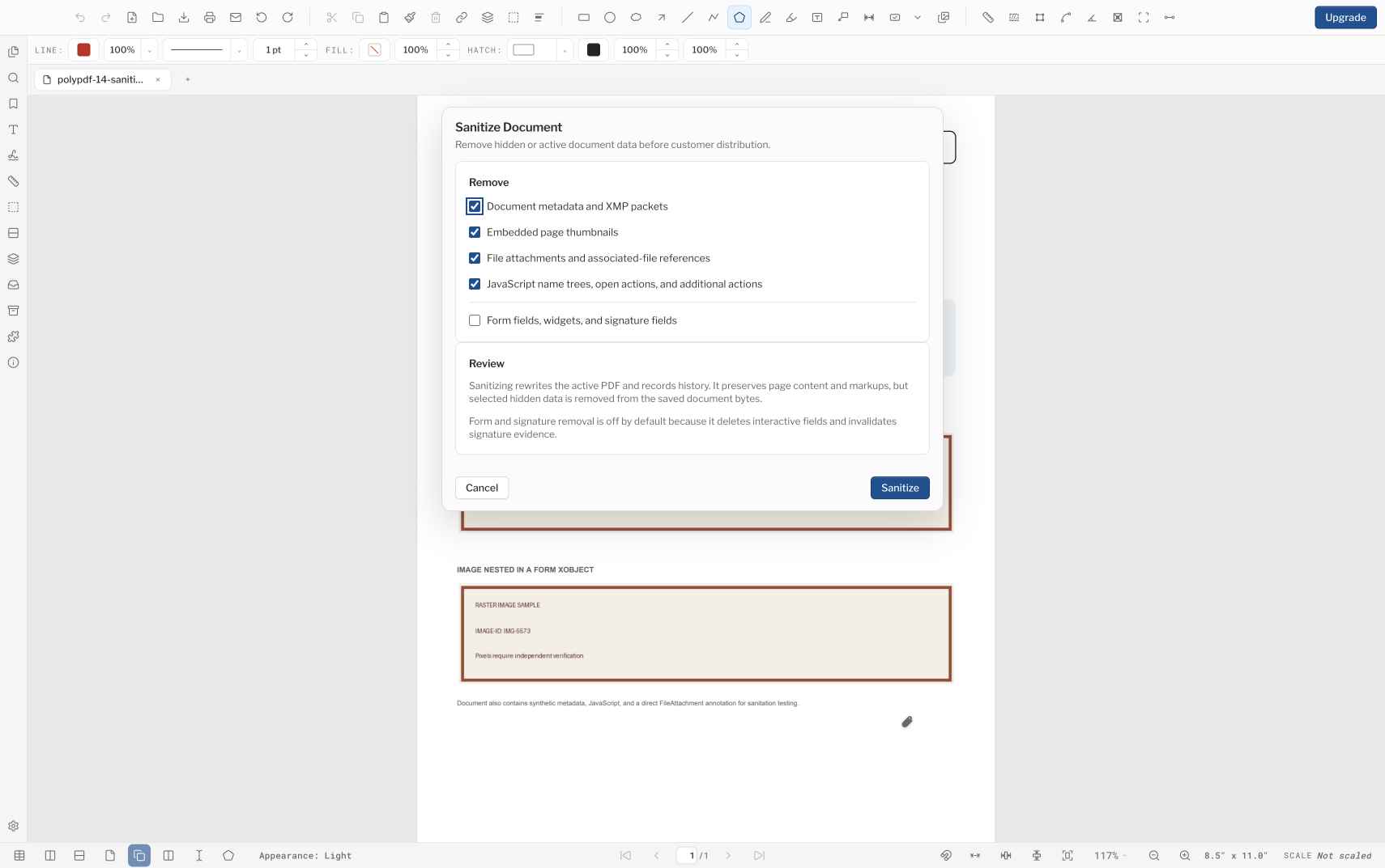 PolyPDF light-mode Sanitize Document dialog with document-data removal options selected
