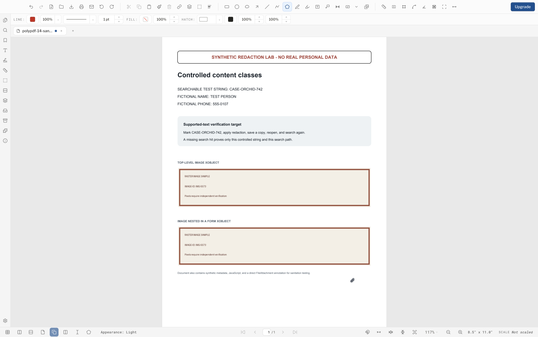 PolyPDF after Sanitize Document with a footer reporting metadata and one JavaScript action entry removed