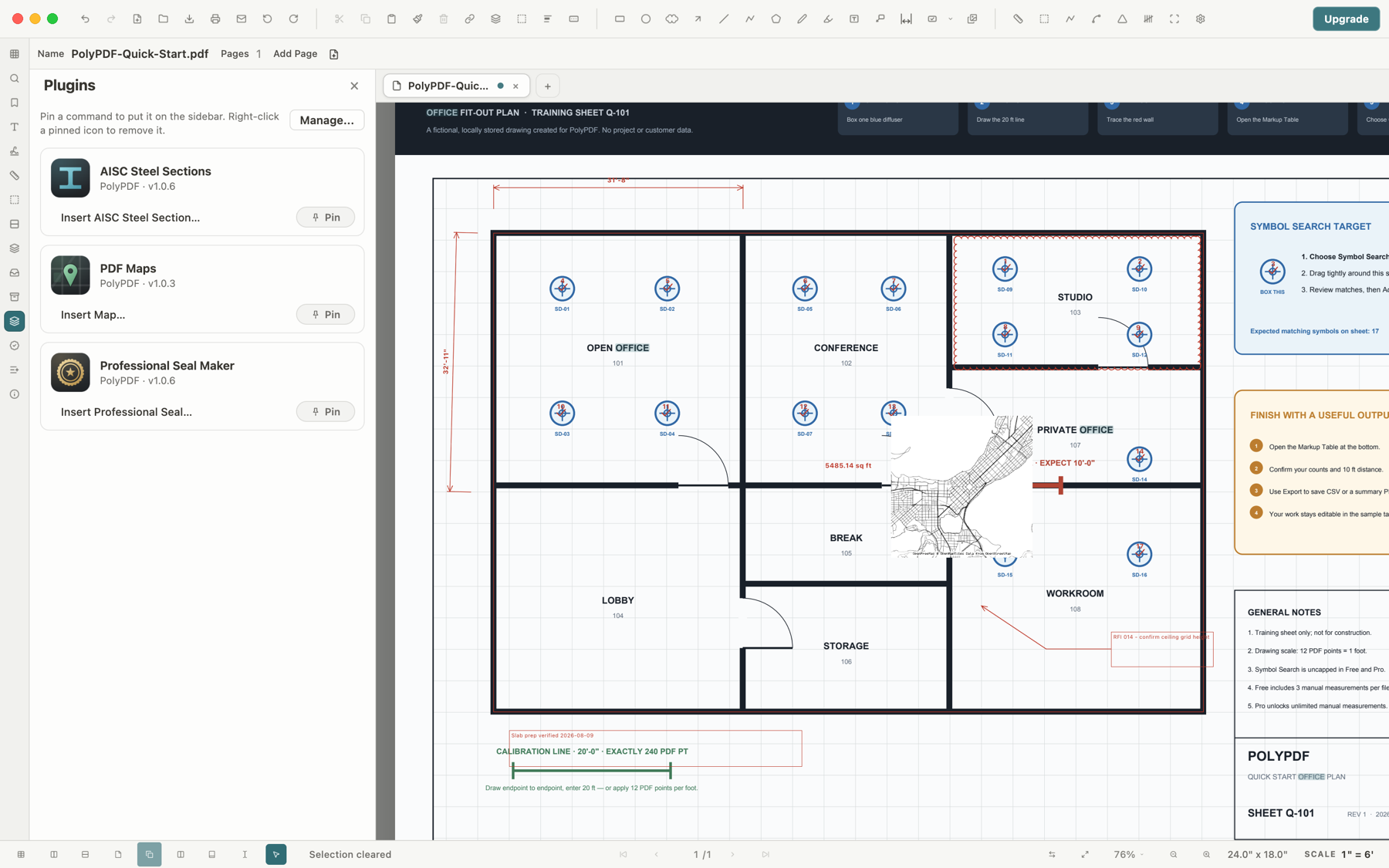 PolyPDF Maps plugin placing a Charleston street map rendered in CAD Linework style, shown mid-edit with live zoom and style controls