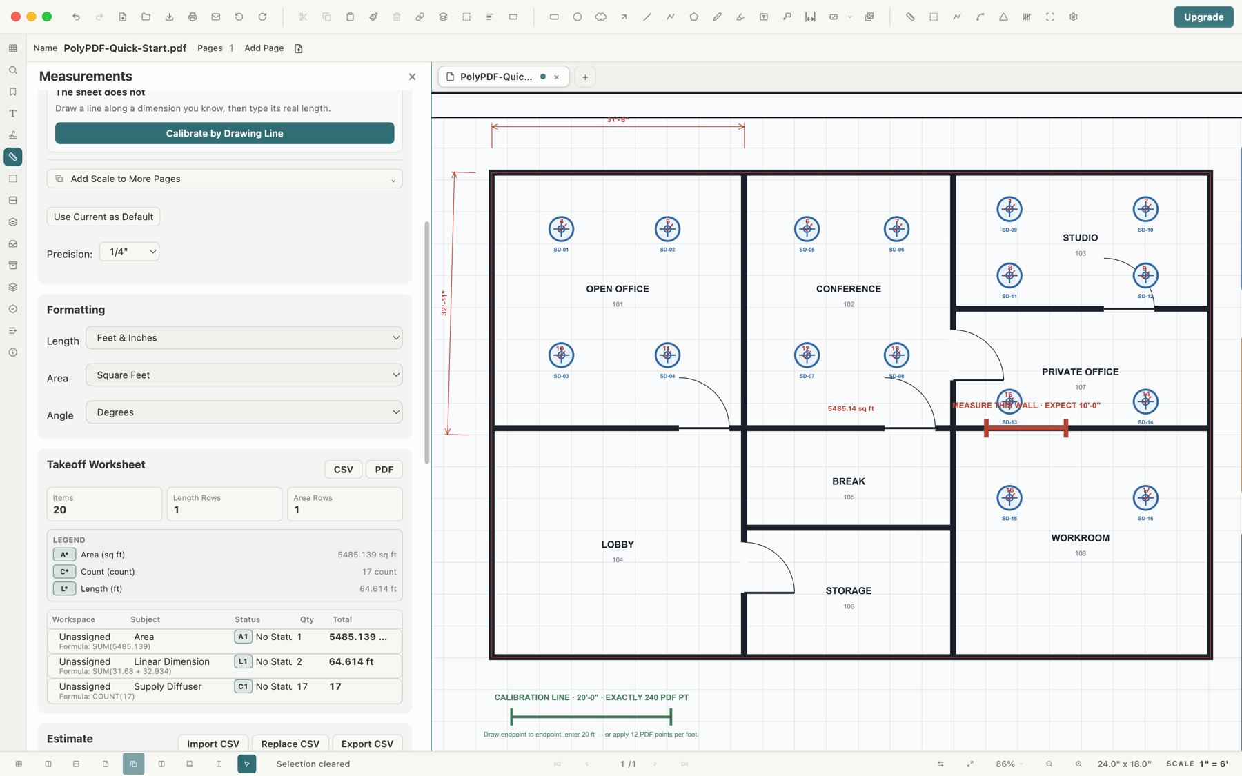 PolyPDF measuring a calibrated floor plan: gross area, wall dimensions and a 17-piece count totalled in the takeoff worksheet
