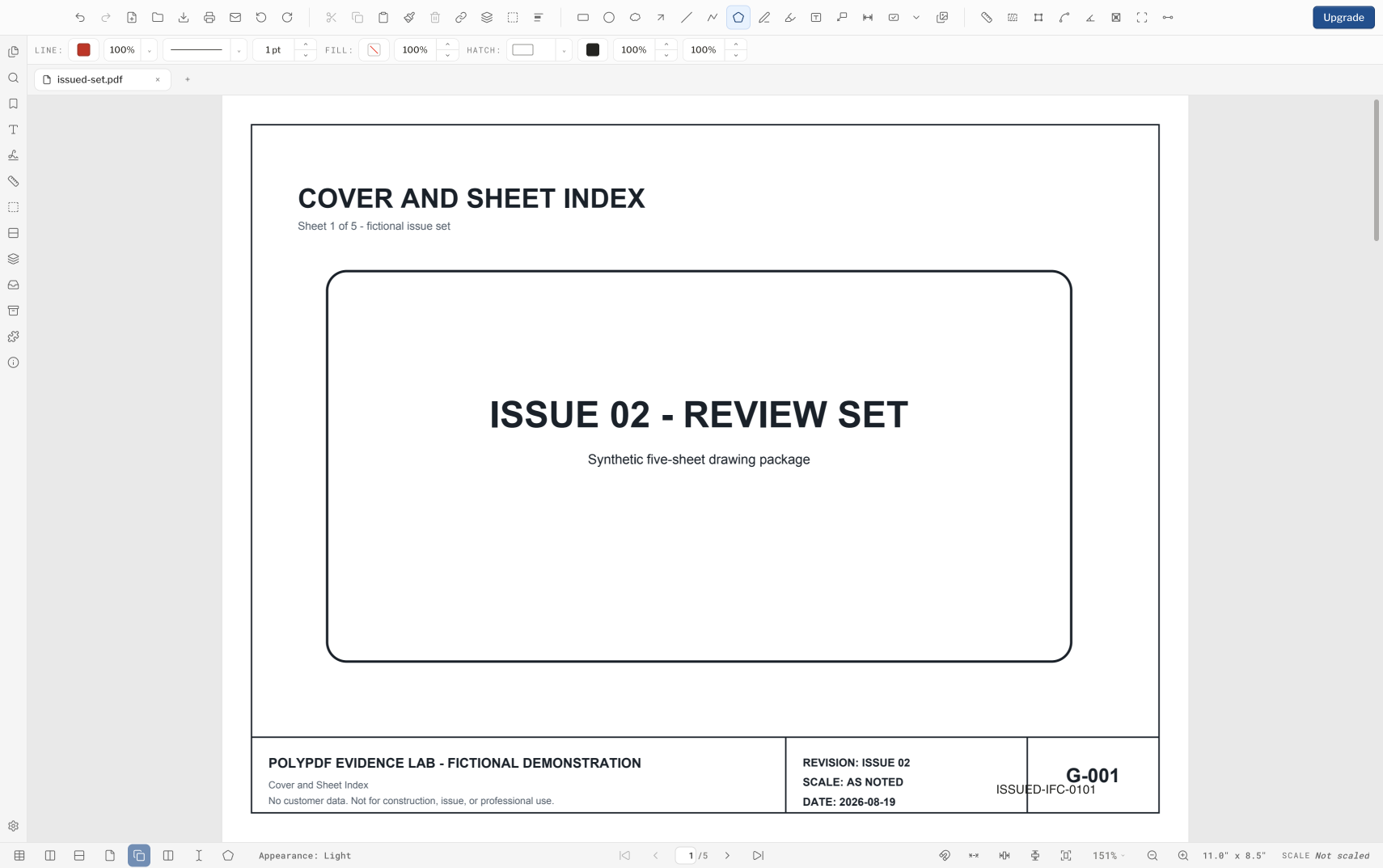 PolyPDF showing a five-sheet issue set with the Bates identifier ISSUED-IFC-0101 printed on sheet G-001