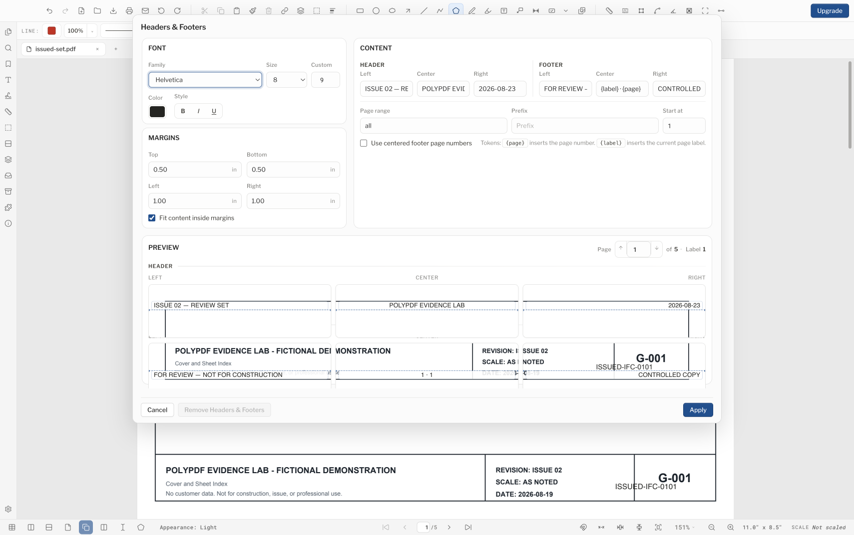 PolyPDF Headers and Footers dialog populated with issue text, page-label and page-number tokens, margins, and six position previews