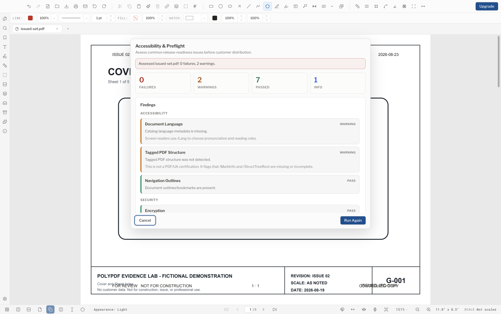 PolyPDF Accessibility and Preflight results showing zero failures, two warnings, seven passes, and one informational result