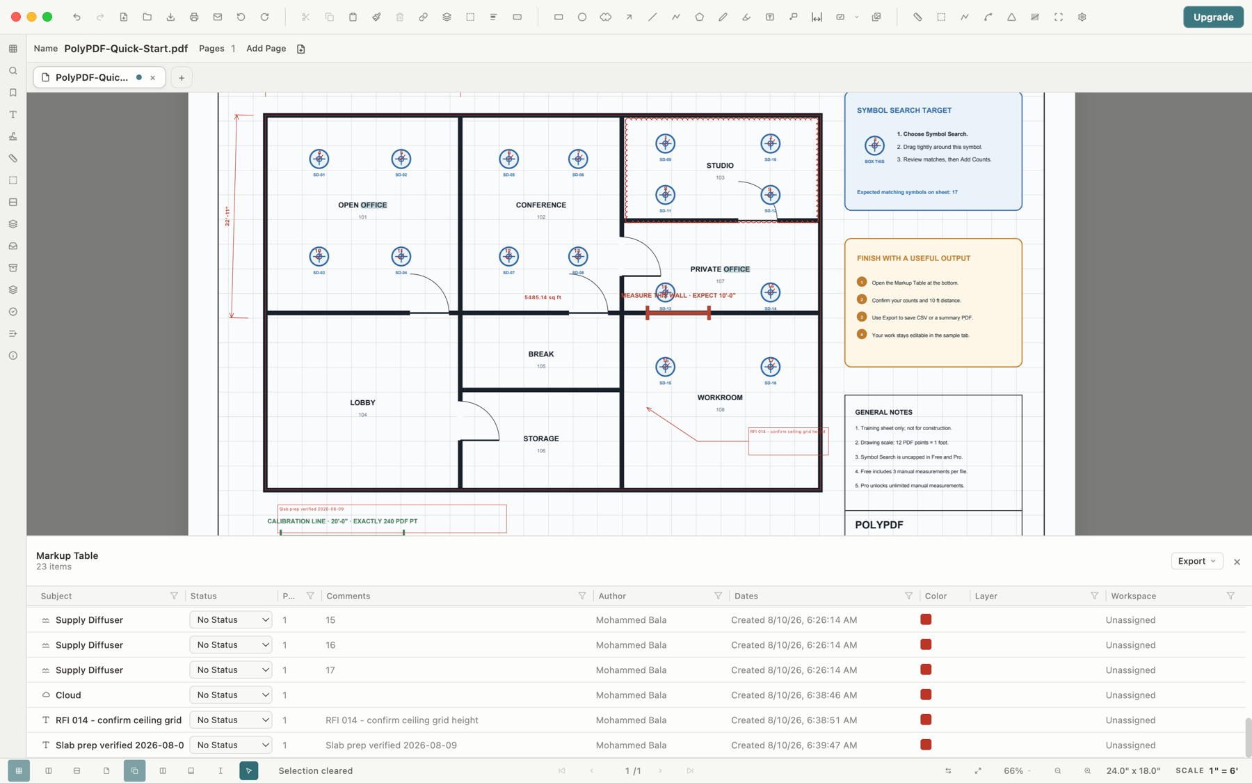 PolyPDF drawing review: revision cloud, leader callout and notes on a plan sheet with every markup tracked in the Markup Table