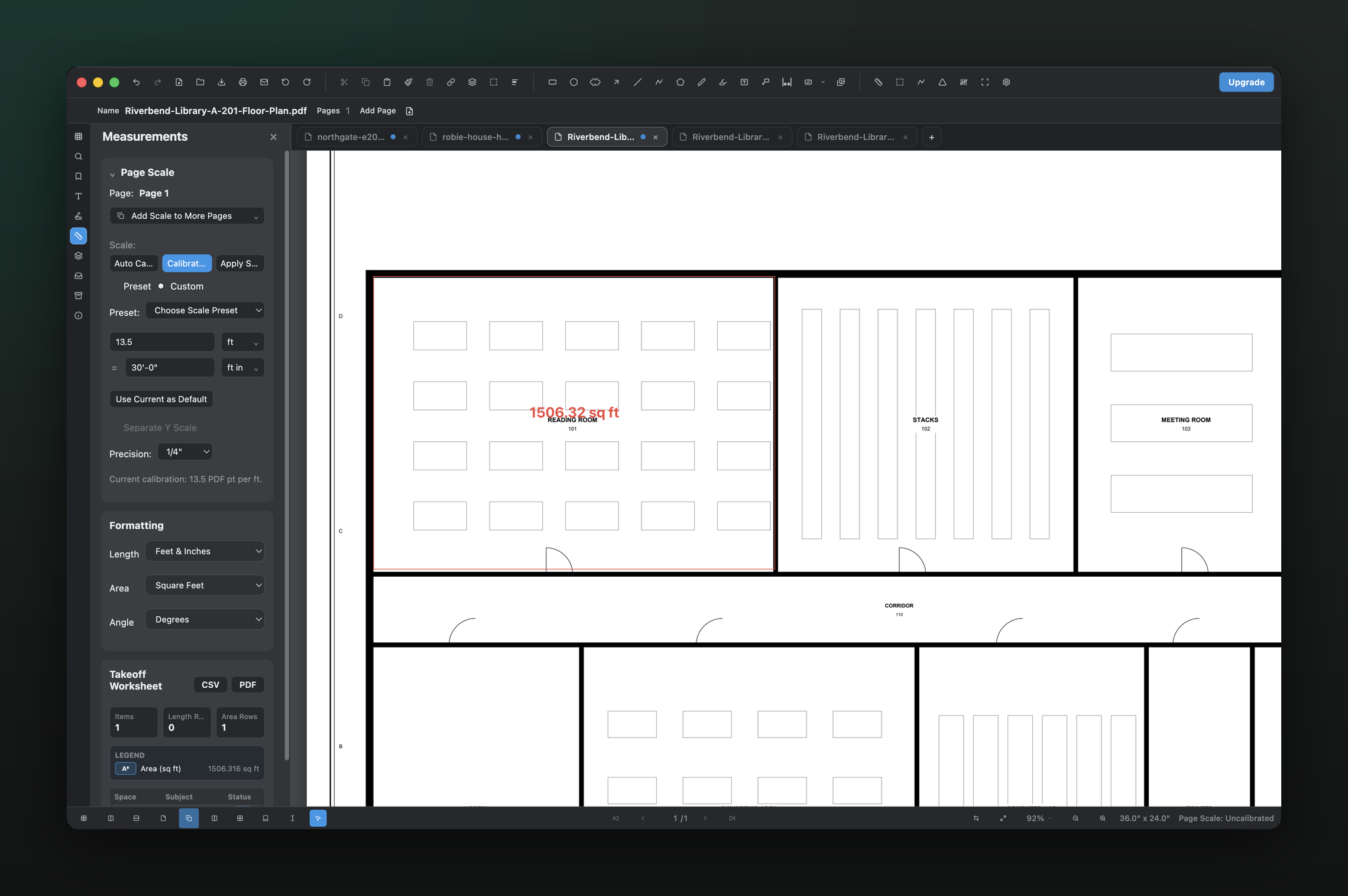 PolyPDF measuring a calibrated floor plan: area and length measurements placed on the drawing with results in the takeoff worksheet
