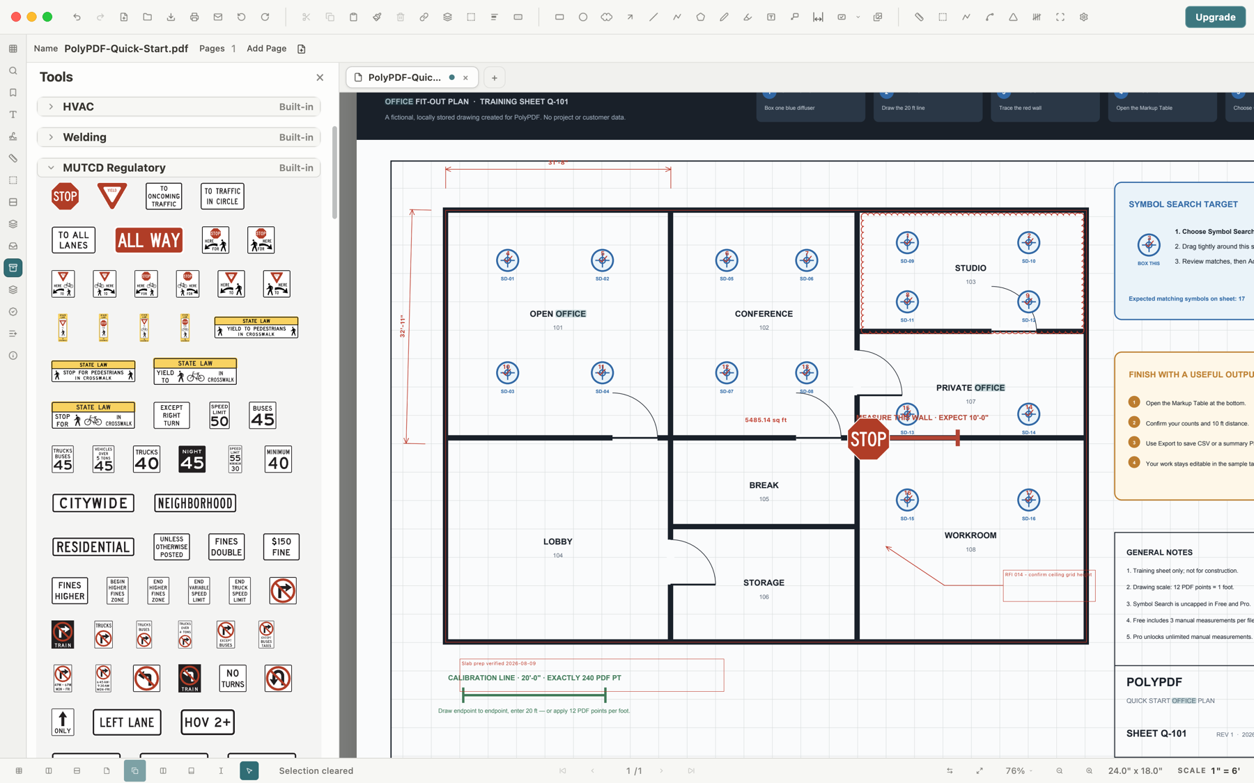 PolyPDF Tools panel showing the MUTCD Regulatory sign chest with an R1-1 stop sign placed on a drawing