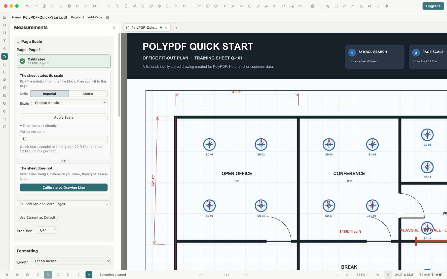 PolyPDF status bar showing the drawing scale with a dimension reading in feet and inches on a calibrated plan