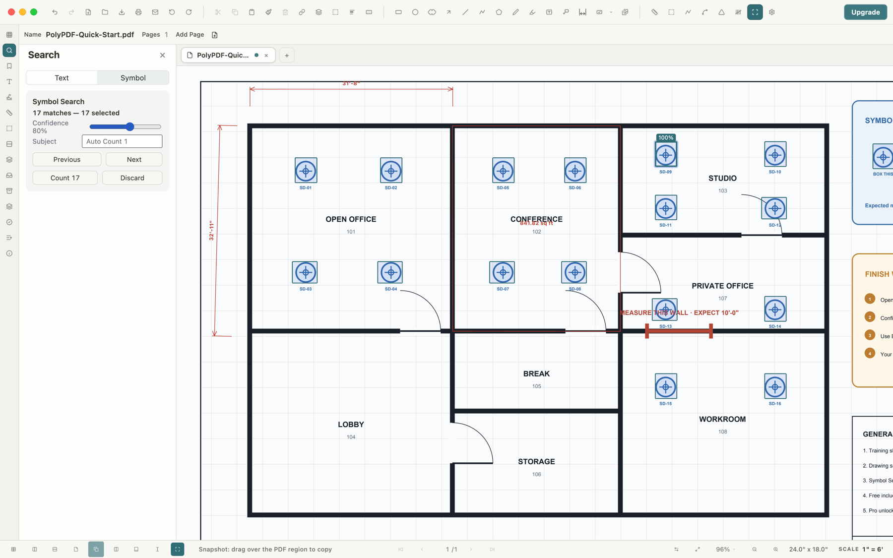 PolyPDF Symbol Search finding 17 matching diffuser symbols on an office plan, each match reviewable before it becomes a count