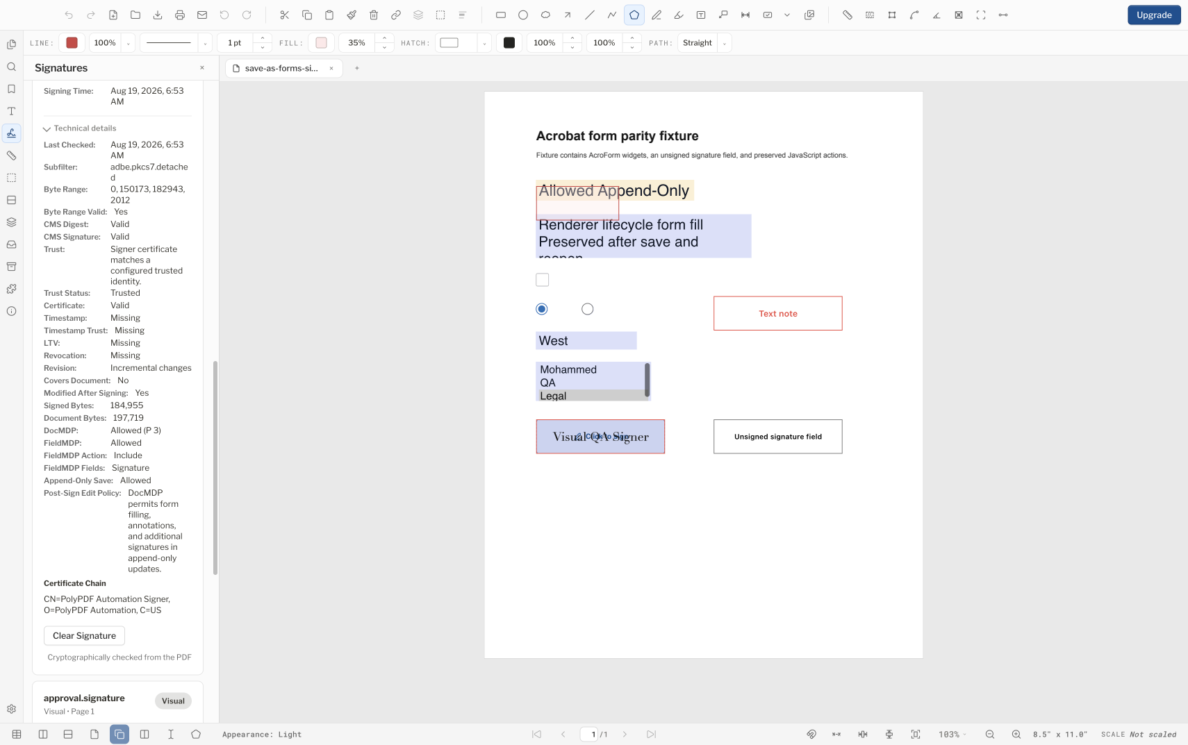 PolyPDF Signatures panel with the certificate technical details expanded