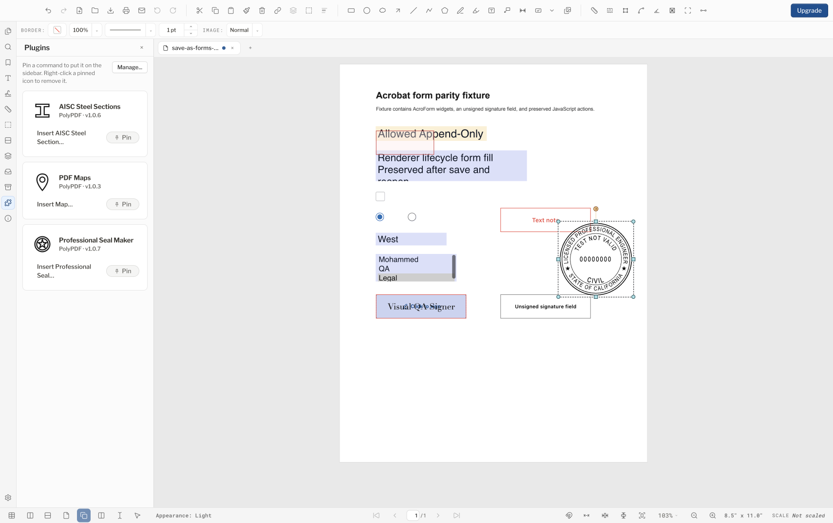PolyPDF showing a placeholder professional seal selected on an example drawing