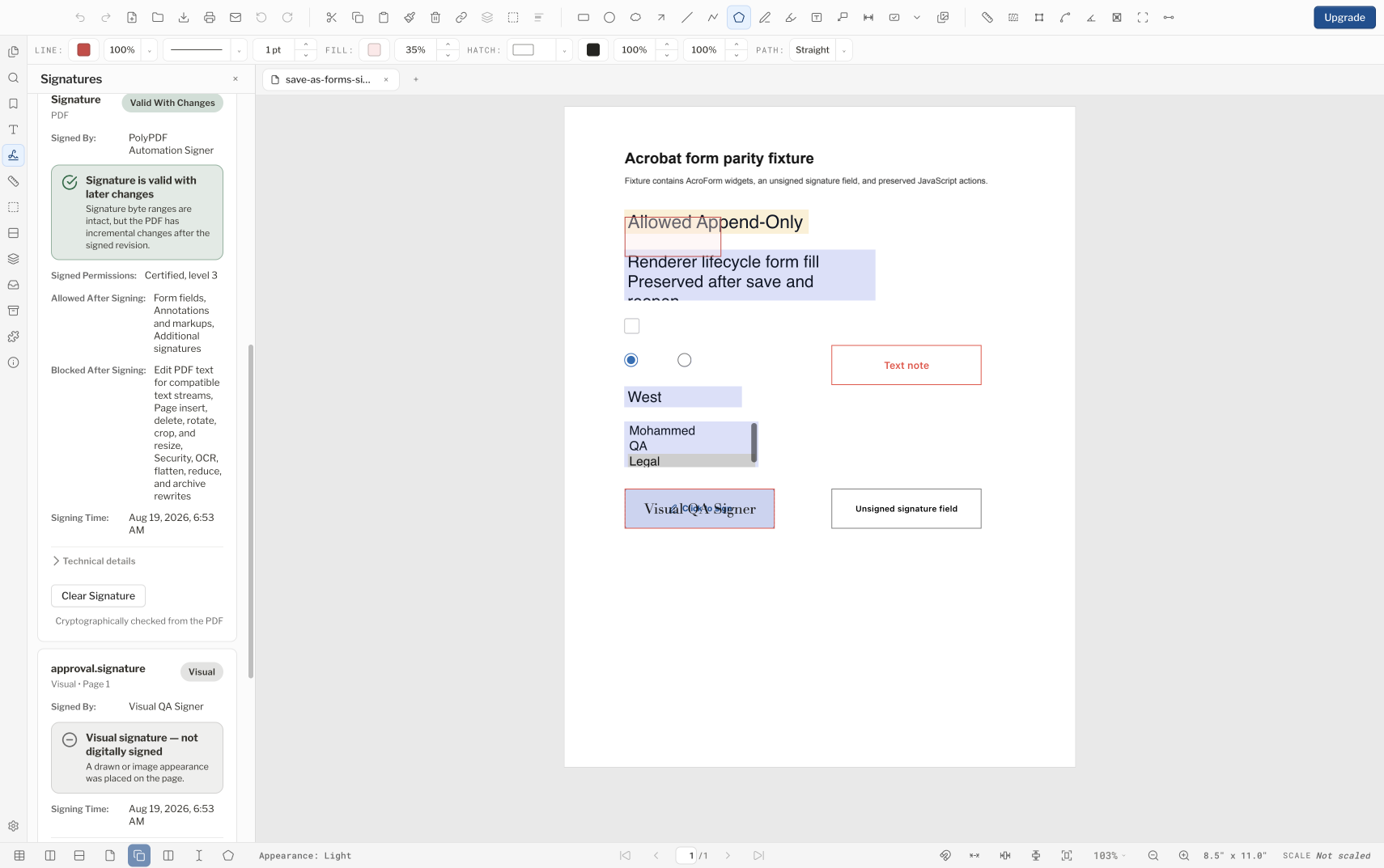 PolyPDF Signatures panel showing a reopened signed drawing reported as Valid With Changes with level 3 permissions
