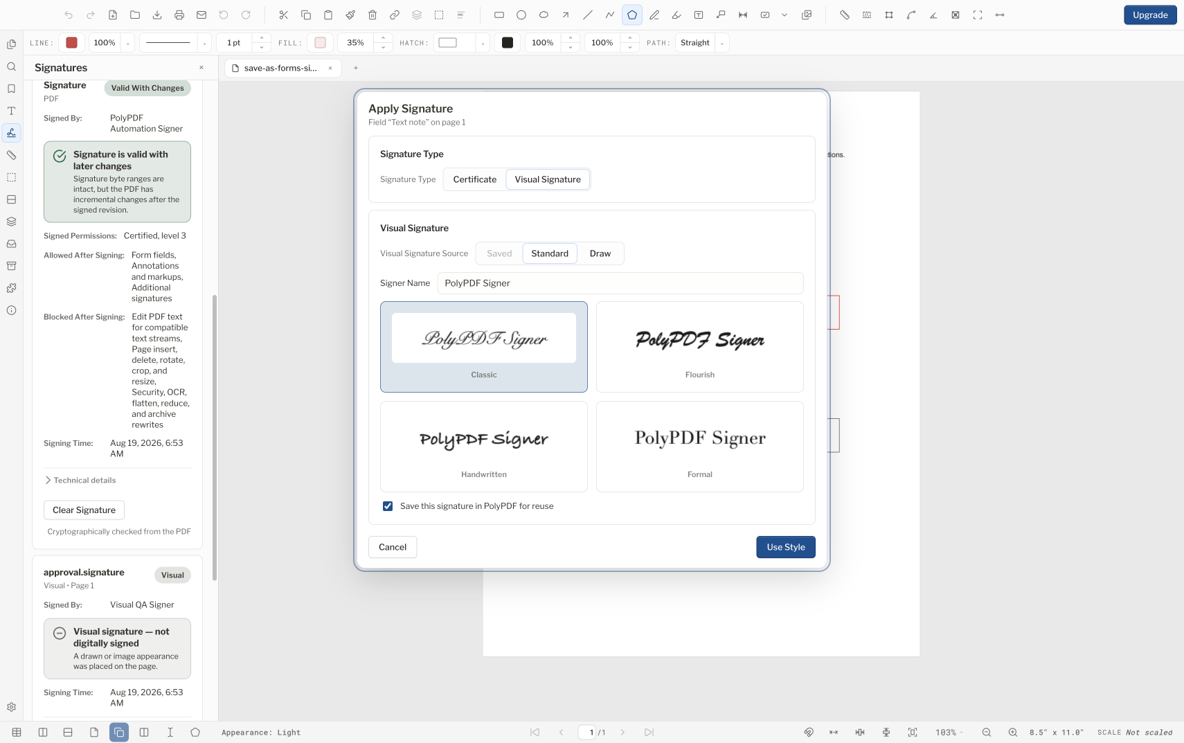 PolyPDF Apply Signature dialog showing a saved visual signature appearance