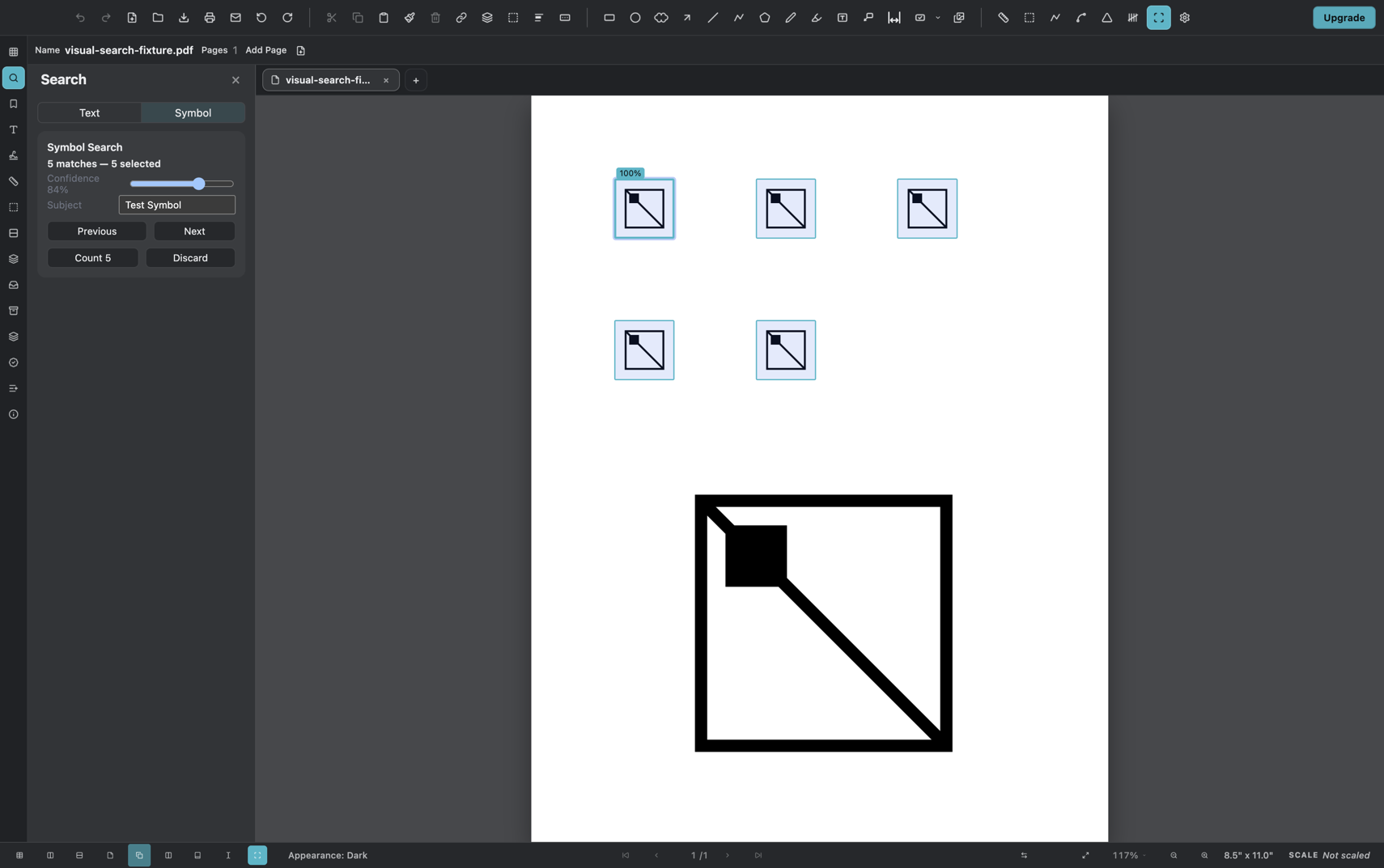 PolyPDF Symbol Search showing five matches, all five selected, on a synthetic symbol fixture