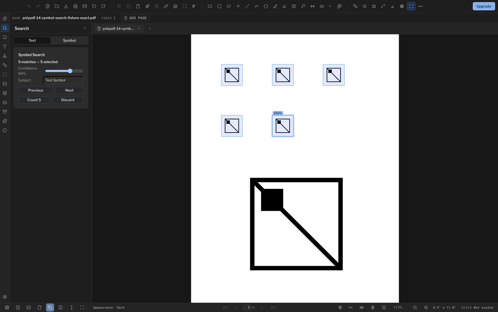 PolyPDF Symbol Search showing five matches, all five selected, on a sample drawing