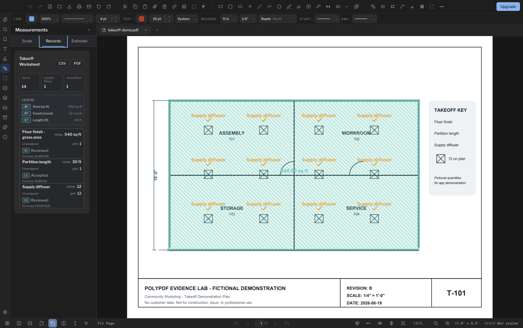 PolyPDF 1.4 drawing a 30 foot dimension that snaps precisely between two plan endpoints
