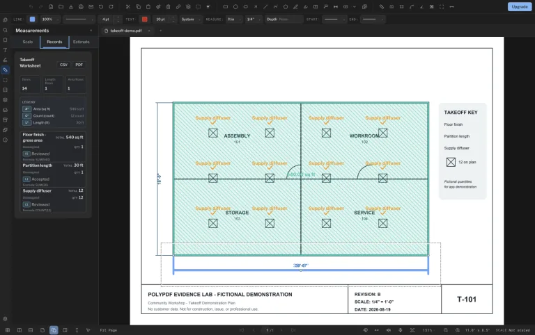 PolyPDF takeoff worksheet showing 14 items beside a sample plan with a 540 square foot area, a 30 foot length, and 12 supply diffusers