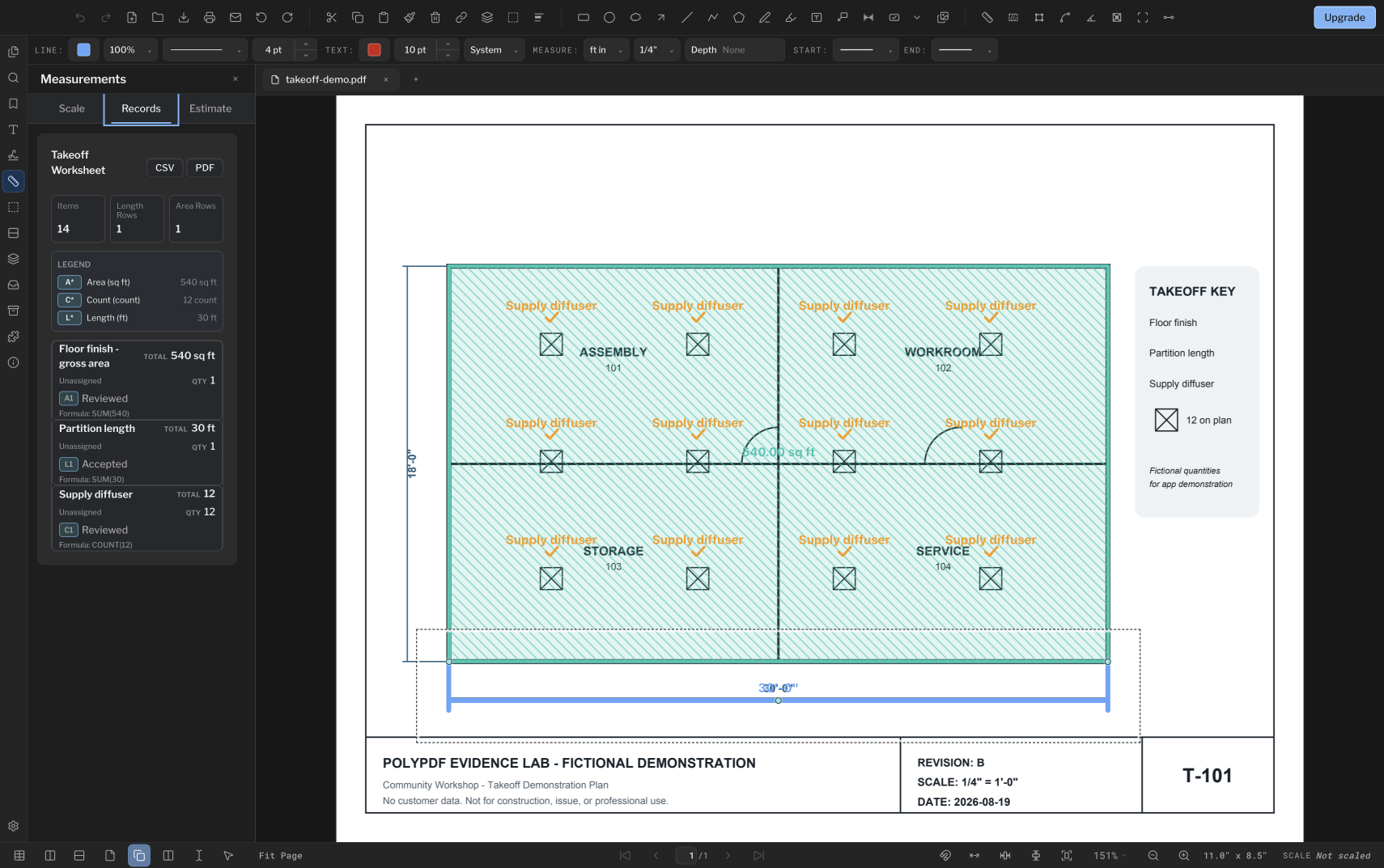 PolyPDF takeoff worksheet showing 14 items beside a sample plan with a 540 square foot area, a 30 foot length, and 12 supply diffusers