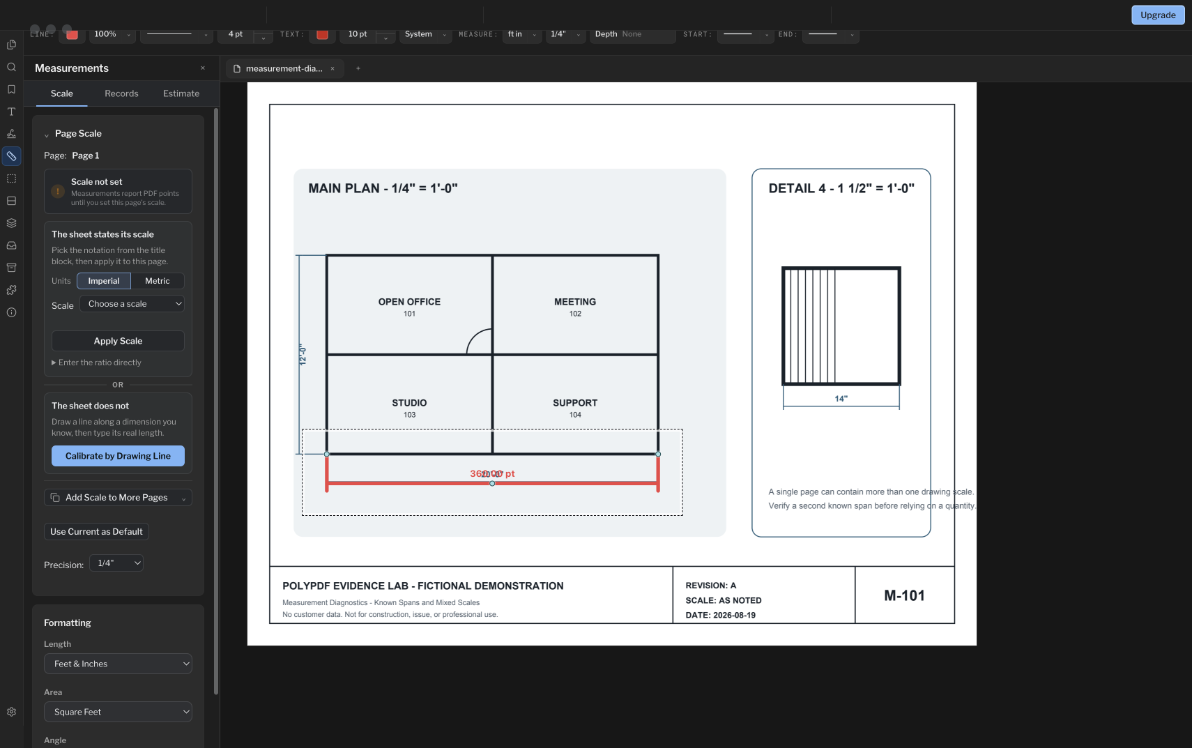 PolyPDF dark mode showing Scale Not set and a 360.00 PDF-point line over a printed 20-foot reference